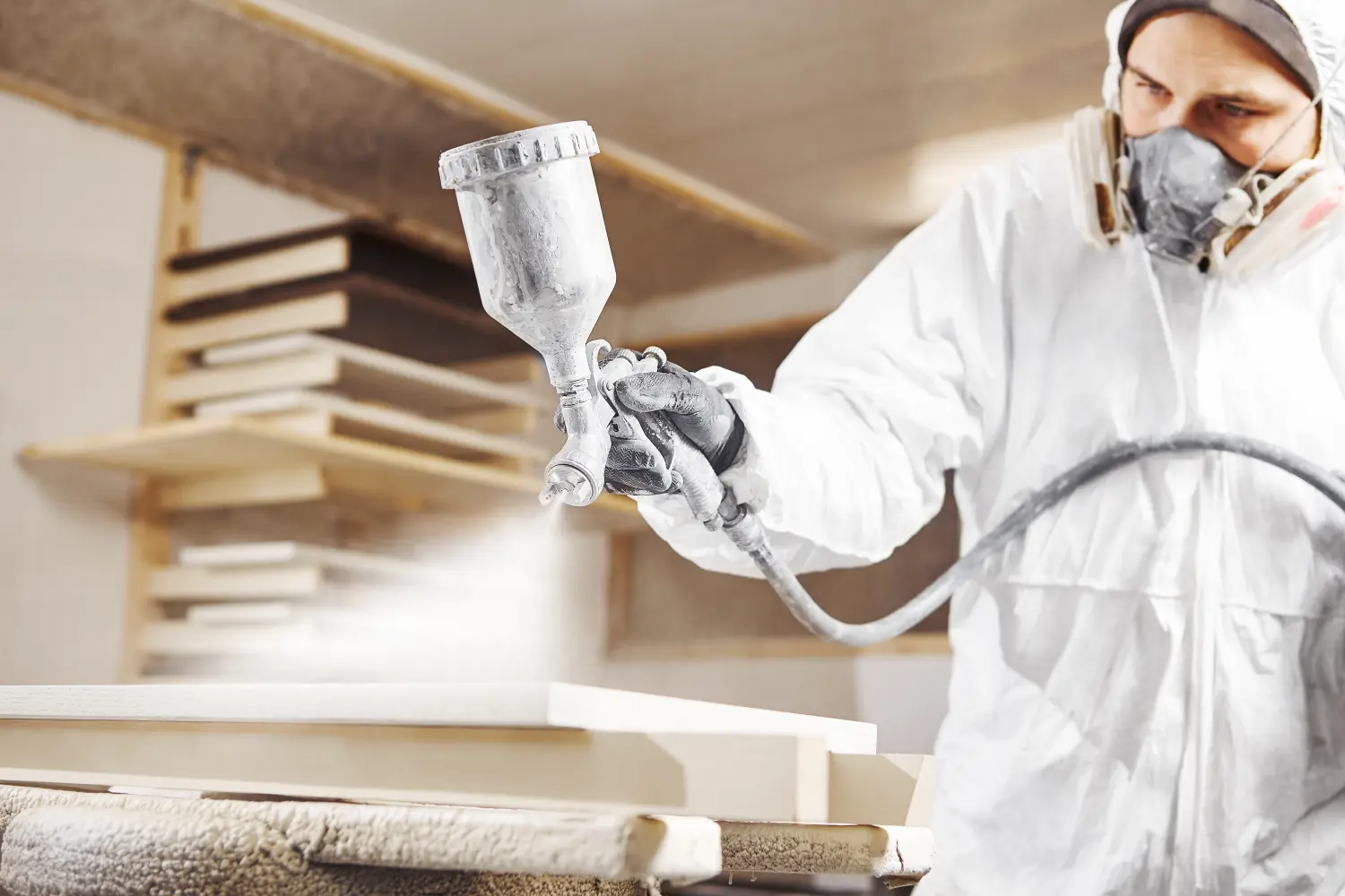 Mann arbeitet mit Farbspritzpistole und sprüht Airless auf Holz