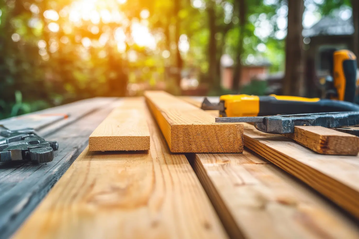 Terrassenbau: Installation von Holzbrettern auf einem neuen Hinterhofdeck